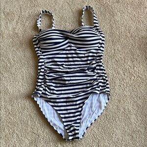 White and Blue One Piece Swimsuit with Sweetheart Neckline